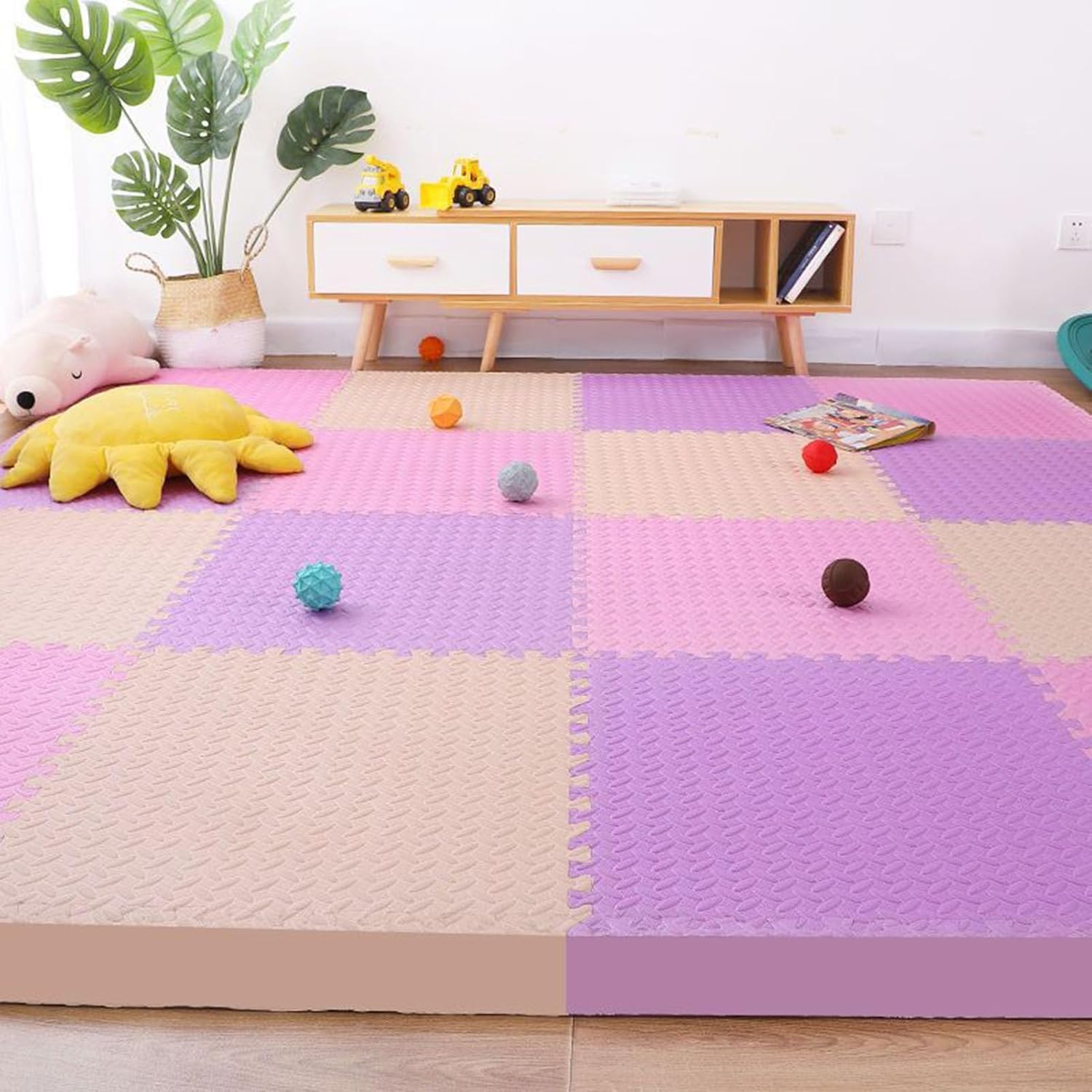 TIST 90 Pcs/86sq.ft Interlocking Foam Mat 12x12inch Square Foam Puzzle Play Mats Floor Tiles(Beige+Pink+Purple)