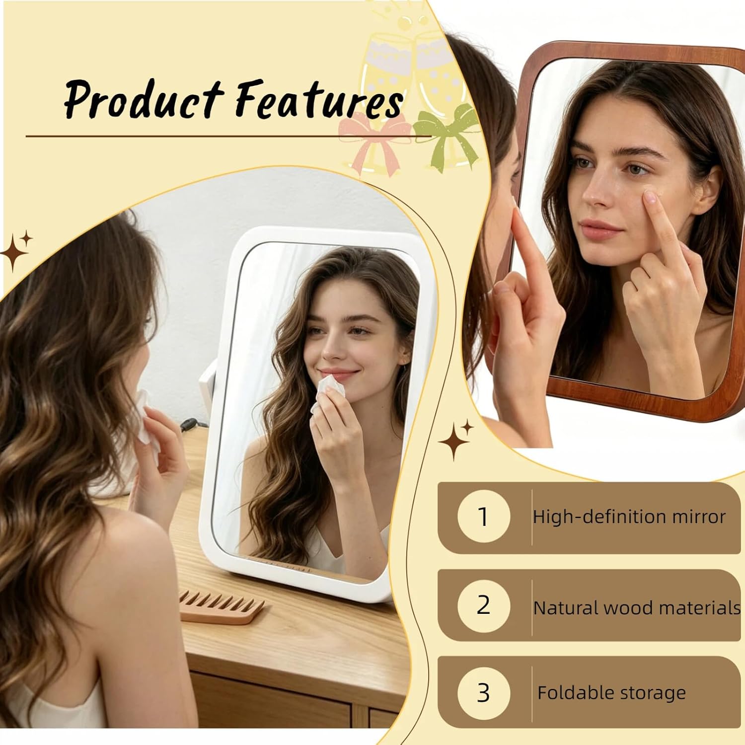 Wooden Makeup Mirror, Rectangular, wall-mountable, Available in Medium and Small Sizes, Perfect for the Bedroom, Makes a Great Birthday Gift(7.5" L x 5.9" W)