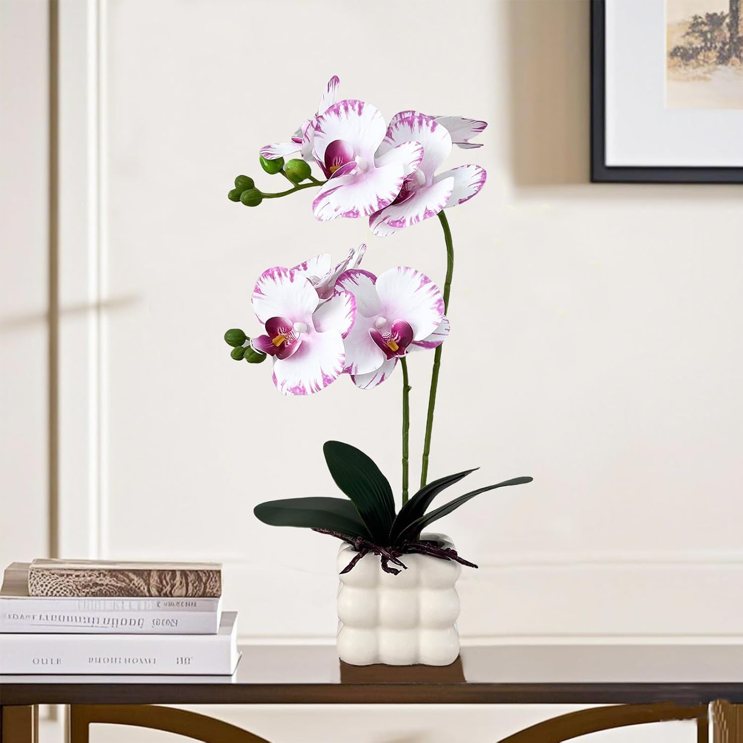 Artificial Orchids in Vase, White Purple Edged, 14 in Height, Home Decor Orchid Artificial Flowers
