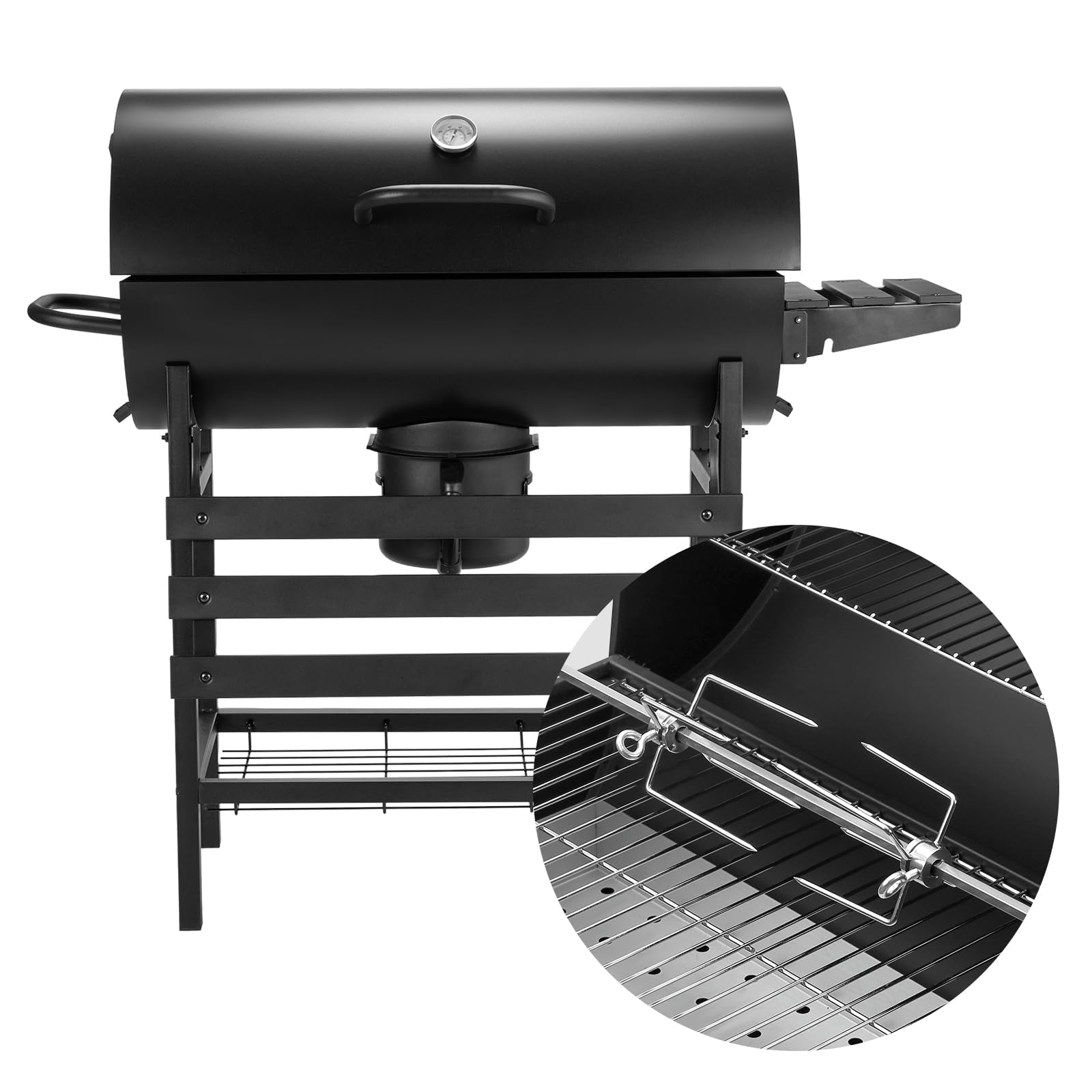 TEENO Chariot à Barbecue XXL,Barbecue Charbon de Bois，Grill à Charbon avec Couvercle, Thermomètre,Tiroir à Cendres,Gants anti-brûlures, Évent Réglable.