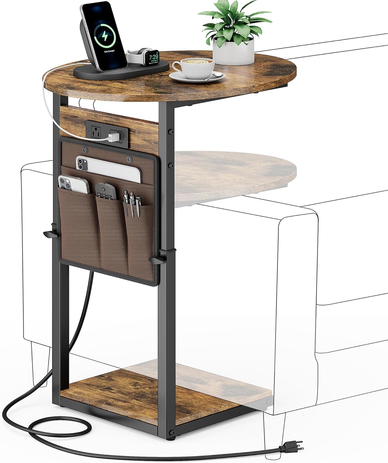 Vagusicc C Shaped End Table with Charging Station, Adjustable Height Side Table for Couch, 32" Tall End Table Small Couch Side Table, Slide Under Sofa TV Tray Snack Arm Tables for Living Room, Brown