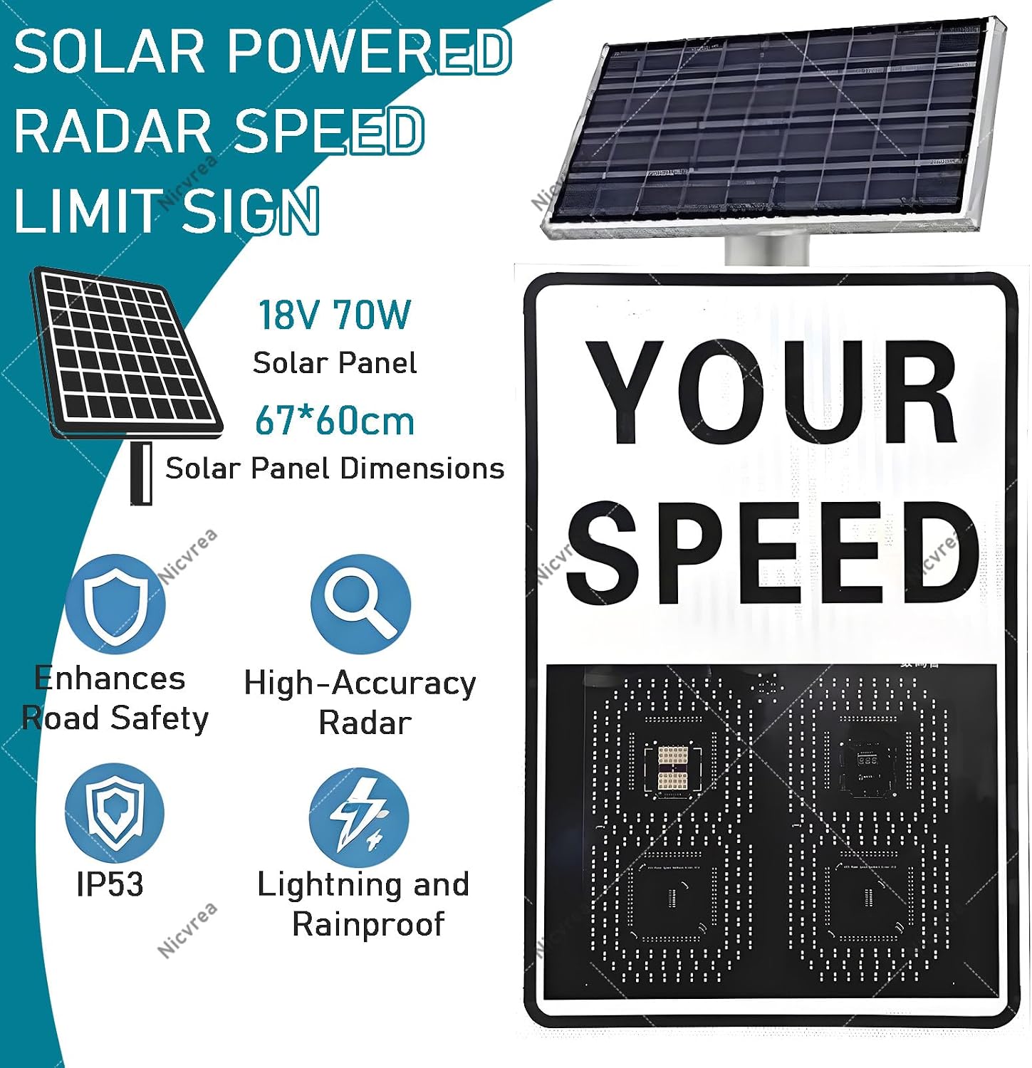 Solar-Powered Radar Speed Display Sign, LED Flashing Speed Limit Indicator for Roads & Neighborhoods, 20" x 27" Plug-in Safety Sign