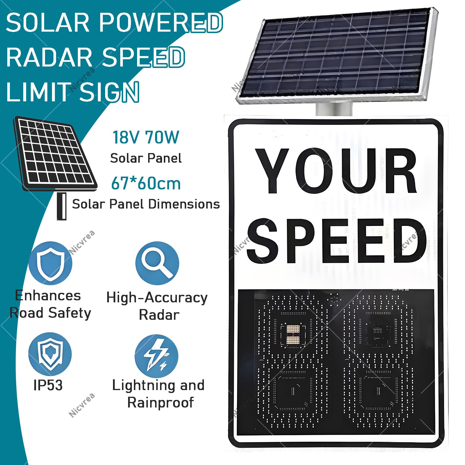 Señal de visualización de velocidad de radar, señal de tráfico LED alimentada por energía solar con luz de advertencia intermitente, 24 x 35 pulgadas para un control eficaz del límite de velocidad