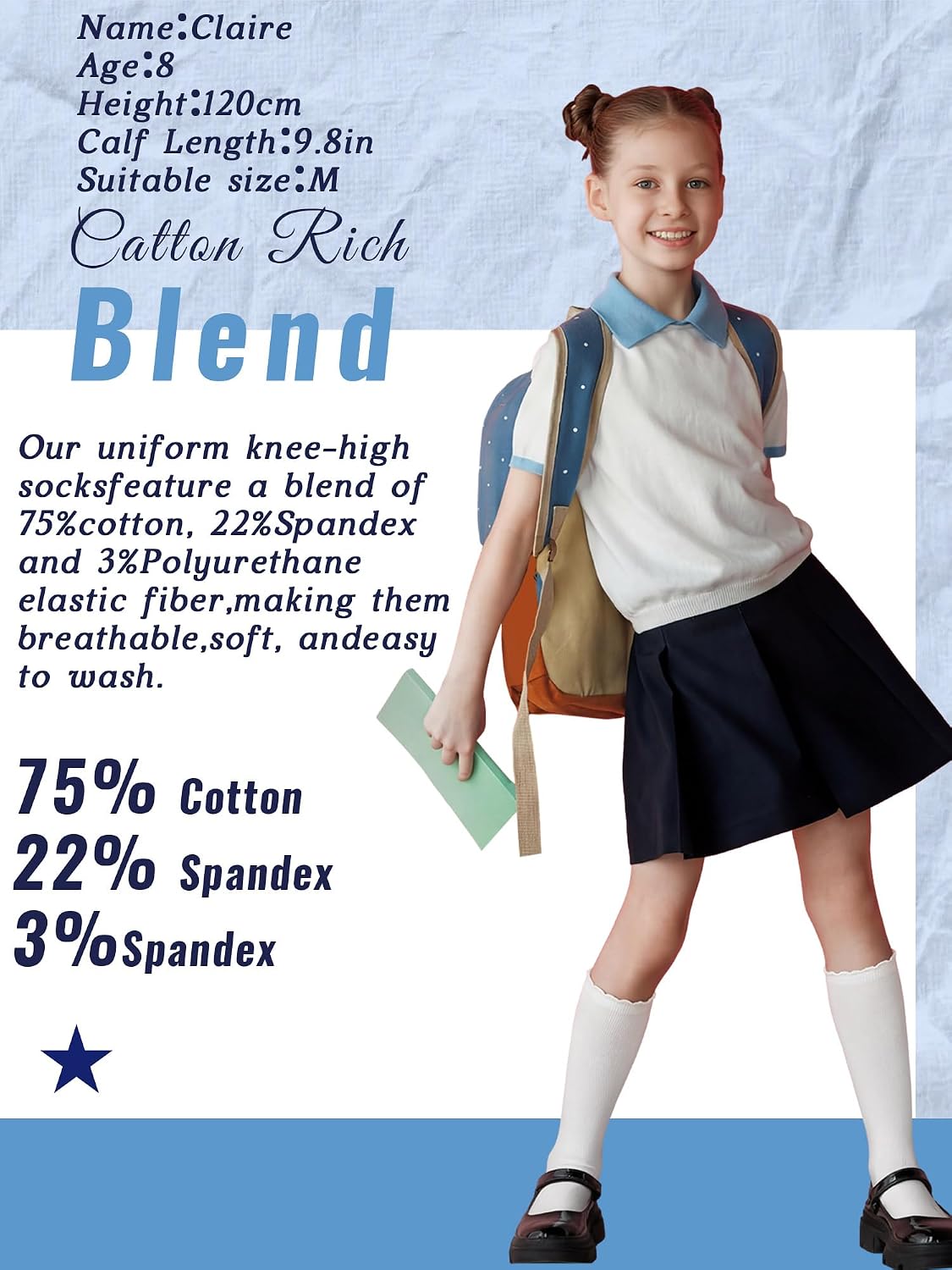 Ramede 6 Pack Ruffle Knee High Socks School Uniform Dress Scallop Socks Seamless Cotton for Girls Black White Navy Blue