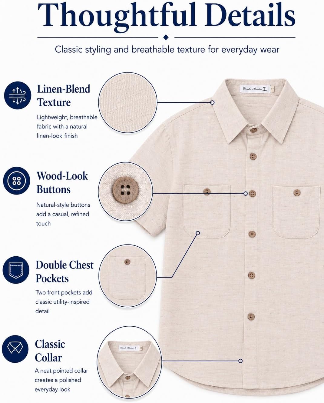 Alix & Belle Boys Linen Blend Button Down Shirt, Short Sleeve Collared Summer Shirt with Chest Pockets