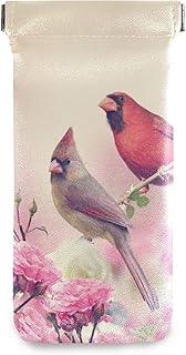 Squeeze Top Sunglasses Pouch Eyeglass Cases PU Leather Soft Anti-Scratch Eyeglass Holder (Male And Female Northern Cardinals Perching Garden)