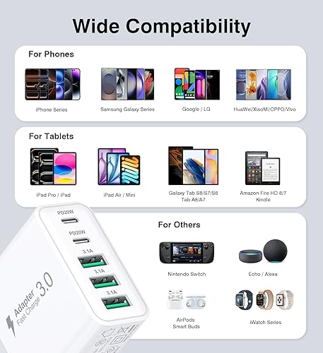 Miniatura 6 de [Paquete de 2] Cargador de pared USB C, bloque de cargador USB C rápido de 50 W, adaptador de corriente PD de 5 puertos + enchufe de pared QC Blanco