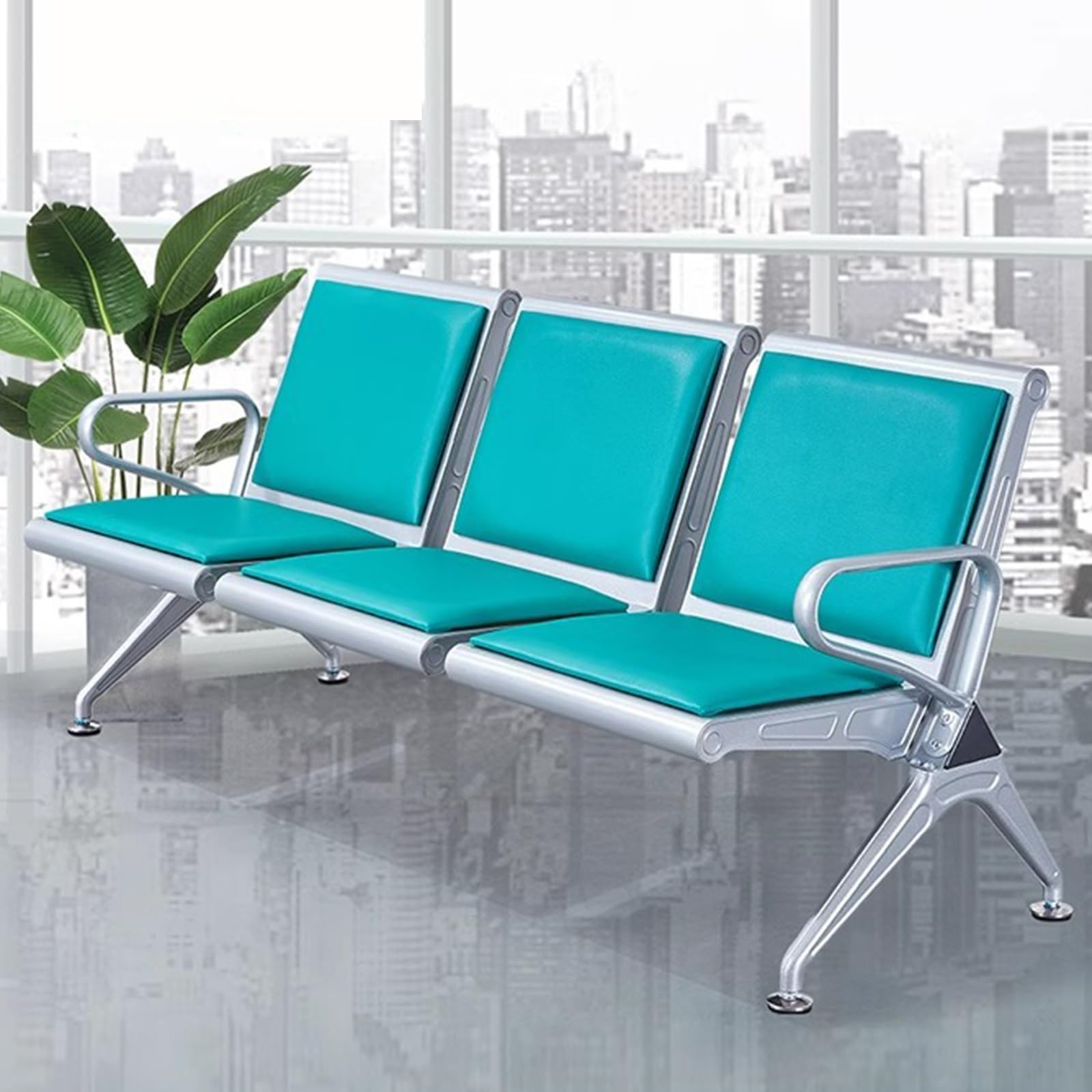 SaryEdge 3-Seat Room Chair Airport Reception Bench with Backrest & Armrests Office Guest Seating for Lobby Hospital Bank Lounge - Green Color,
