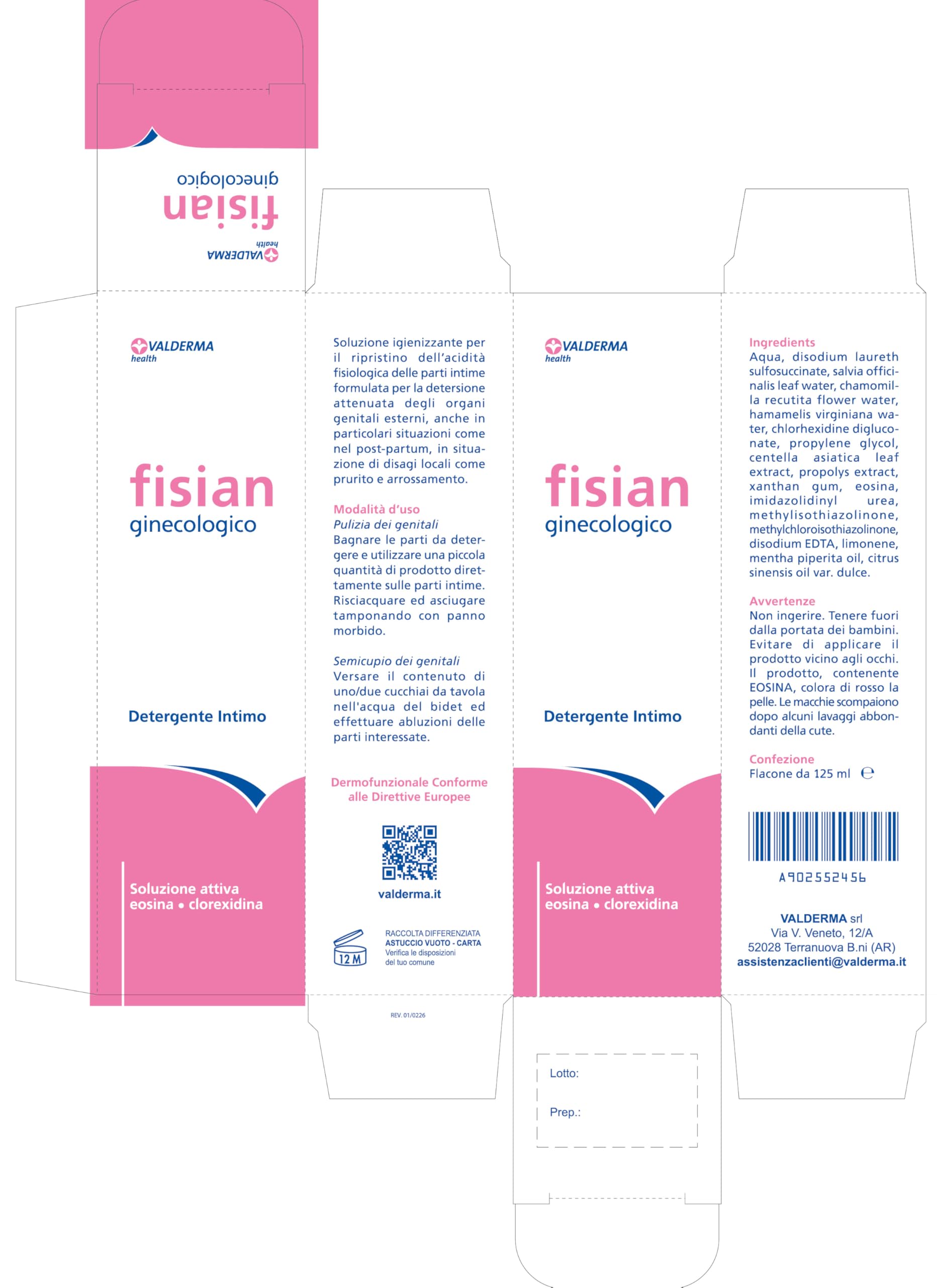 Valderma Fisian Ginecologico, Detergente Intimo Igienizzante, 125ml, per il Ripristino dell'Acidità Fisiologica, con Eosina e Clorexidina