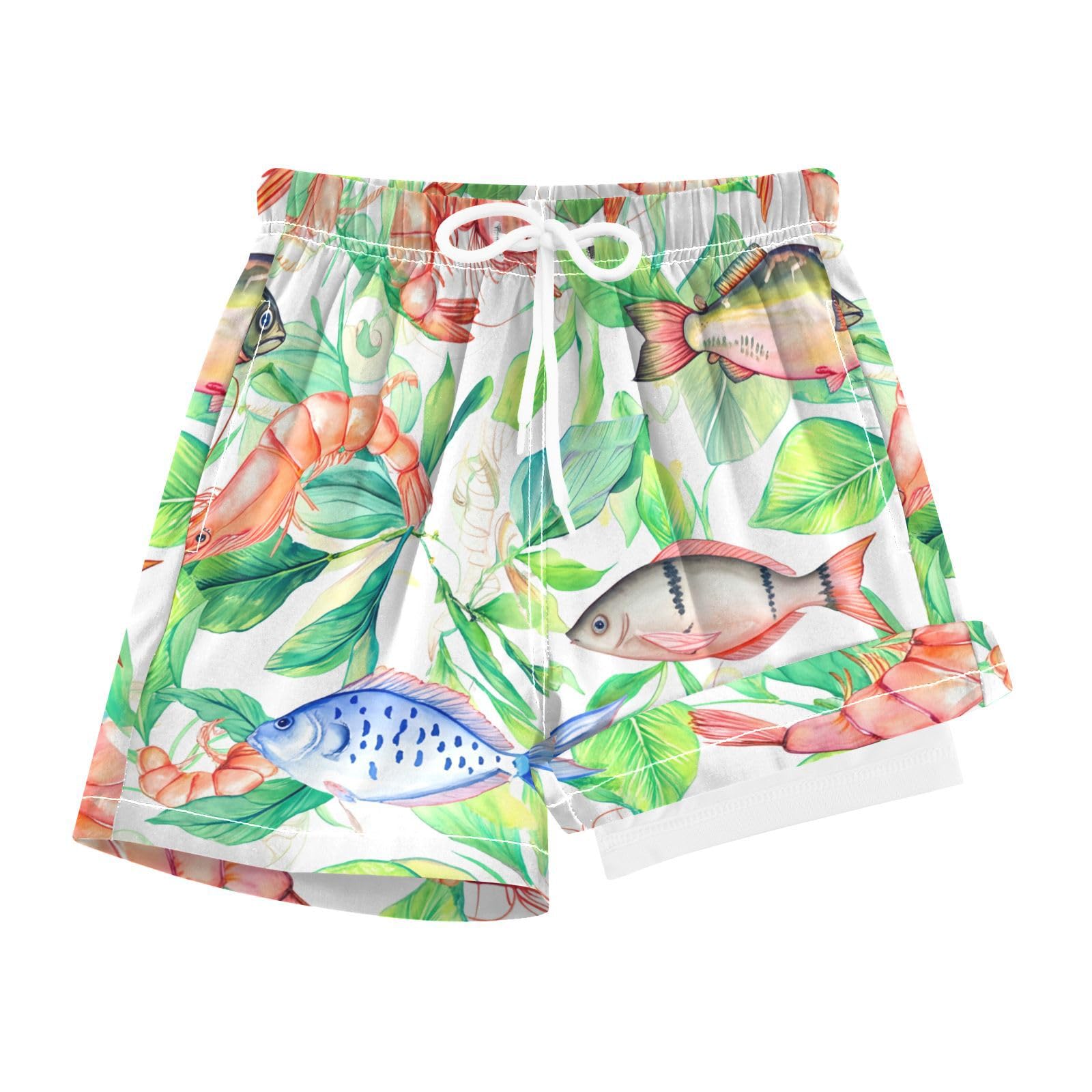YANENDIE Boy Swim Trunks with Compression Liner Colorful Fish Pattern Boys Swim Shorts Quick Dry Beach Shorts