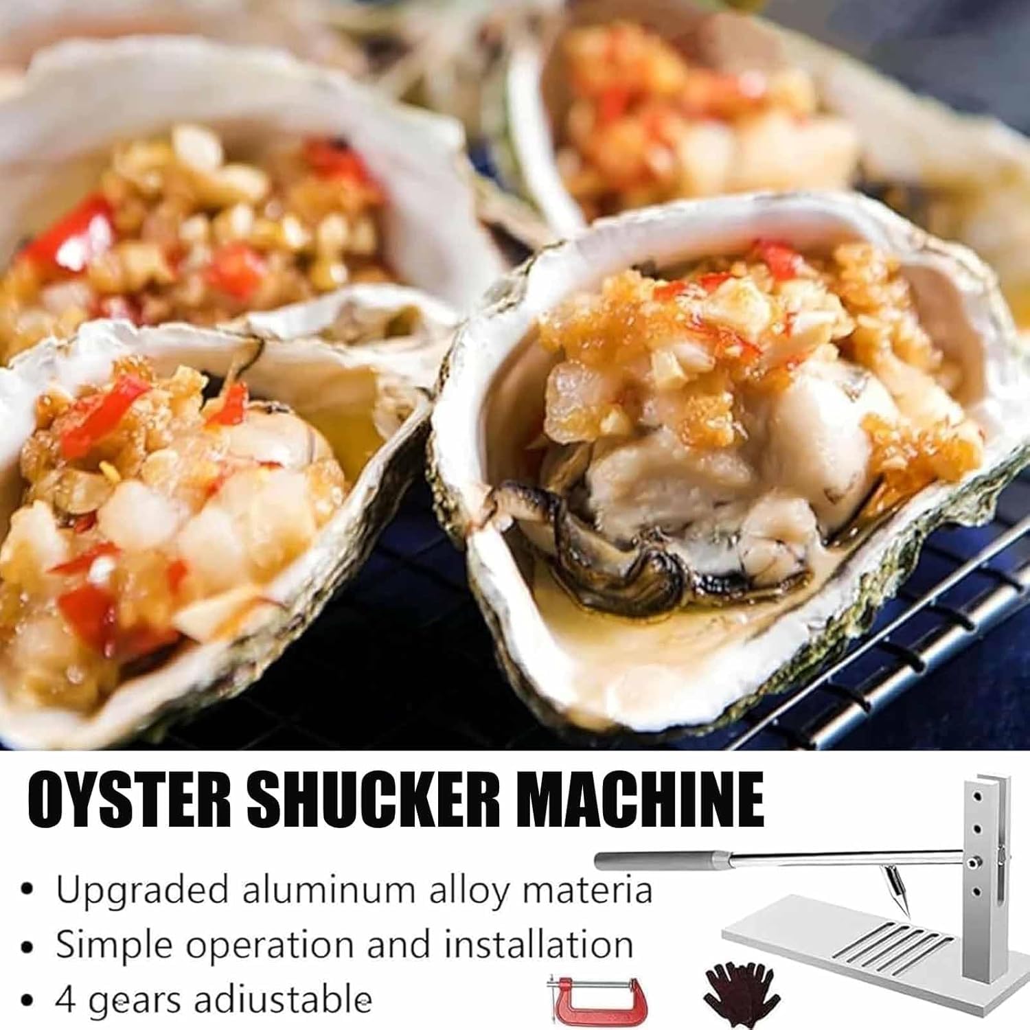 Strumento per aprire ostriche, regolabile, con guanti, clip di fissaggio, supporto stabile, facile da pulire, per casa, cucina, ristorante, buffet
