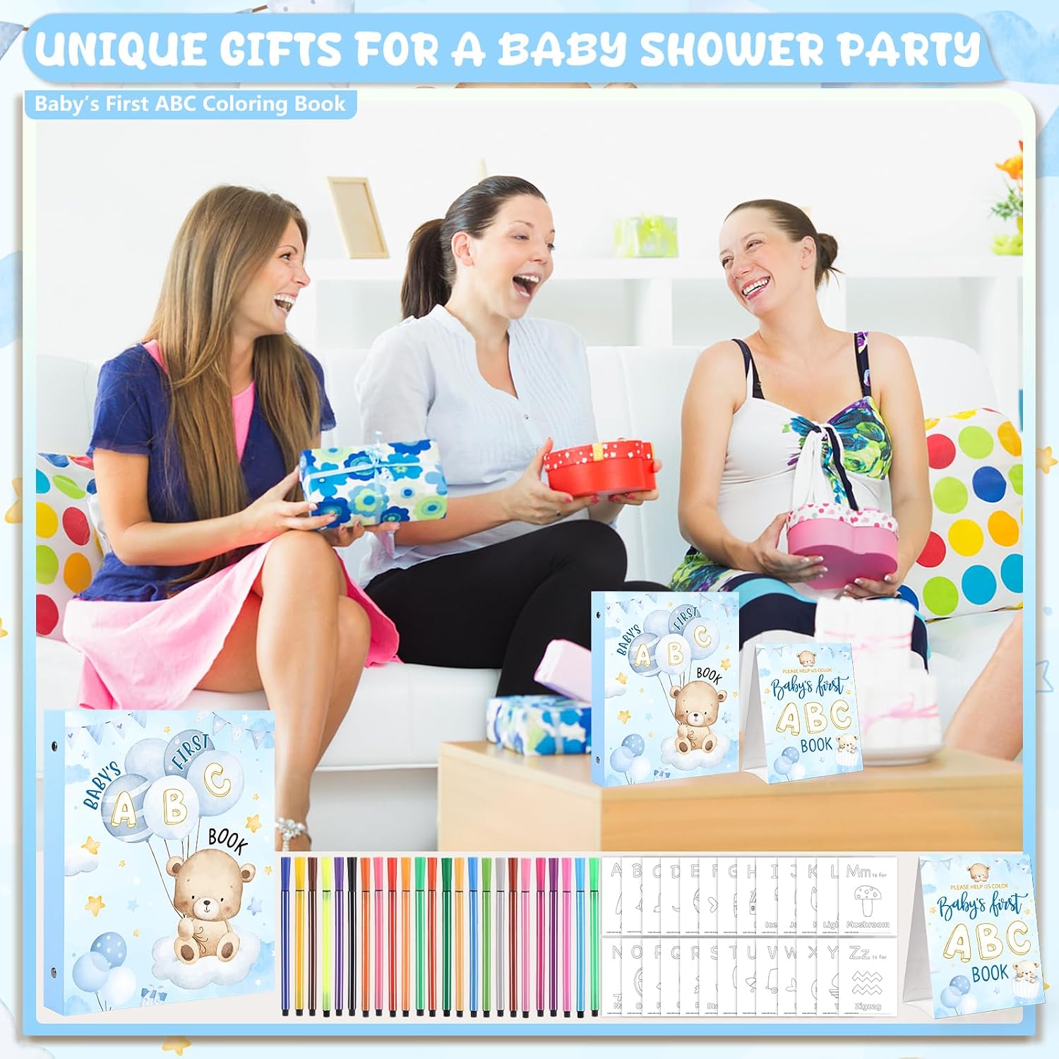 GJGKOP Baby Shower Games Baby's First ABC Coloring Book 26 Curious Activity Cards Animal Alphabet A to Z Coloring Card with 24 Watercolor Pen for Baby Shower Activities (Blue Bear)
