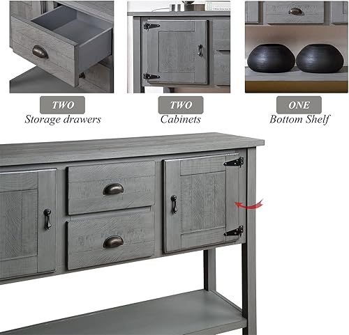Miniatura 4 de LKTART Mesa consola de madera maciza con 2 cajones y 1 estante inferior, aparador de almacenamiento con 2 gabinetes, gabinete de buffet para sala de