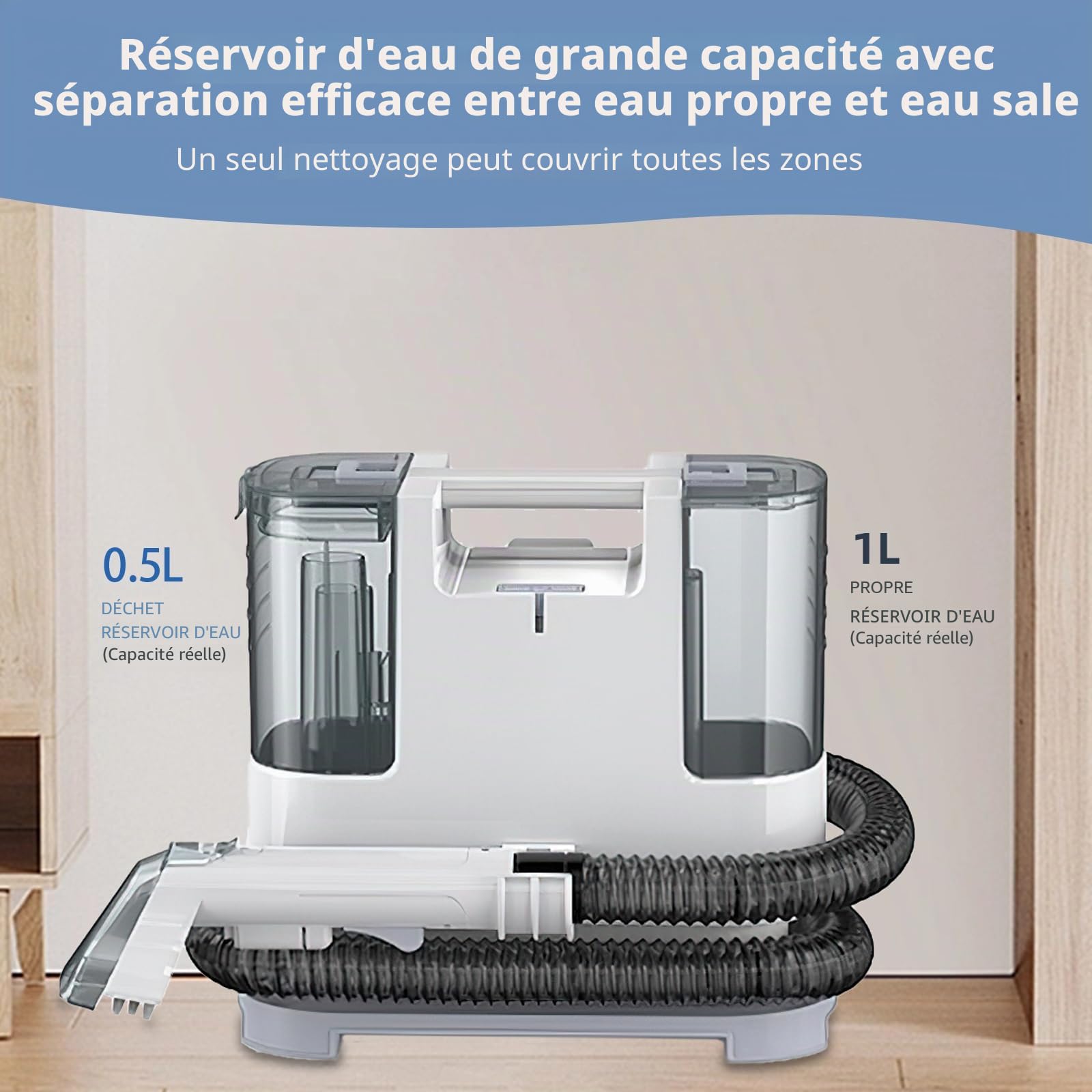 Nettoyeur de tapis, nettoyeur à vapeur compact pour tapis et canapés, moteur puissant de 400 W, 2 réservoirs d'eau extra larges, convient à tous les types de tissus