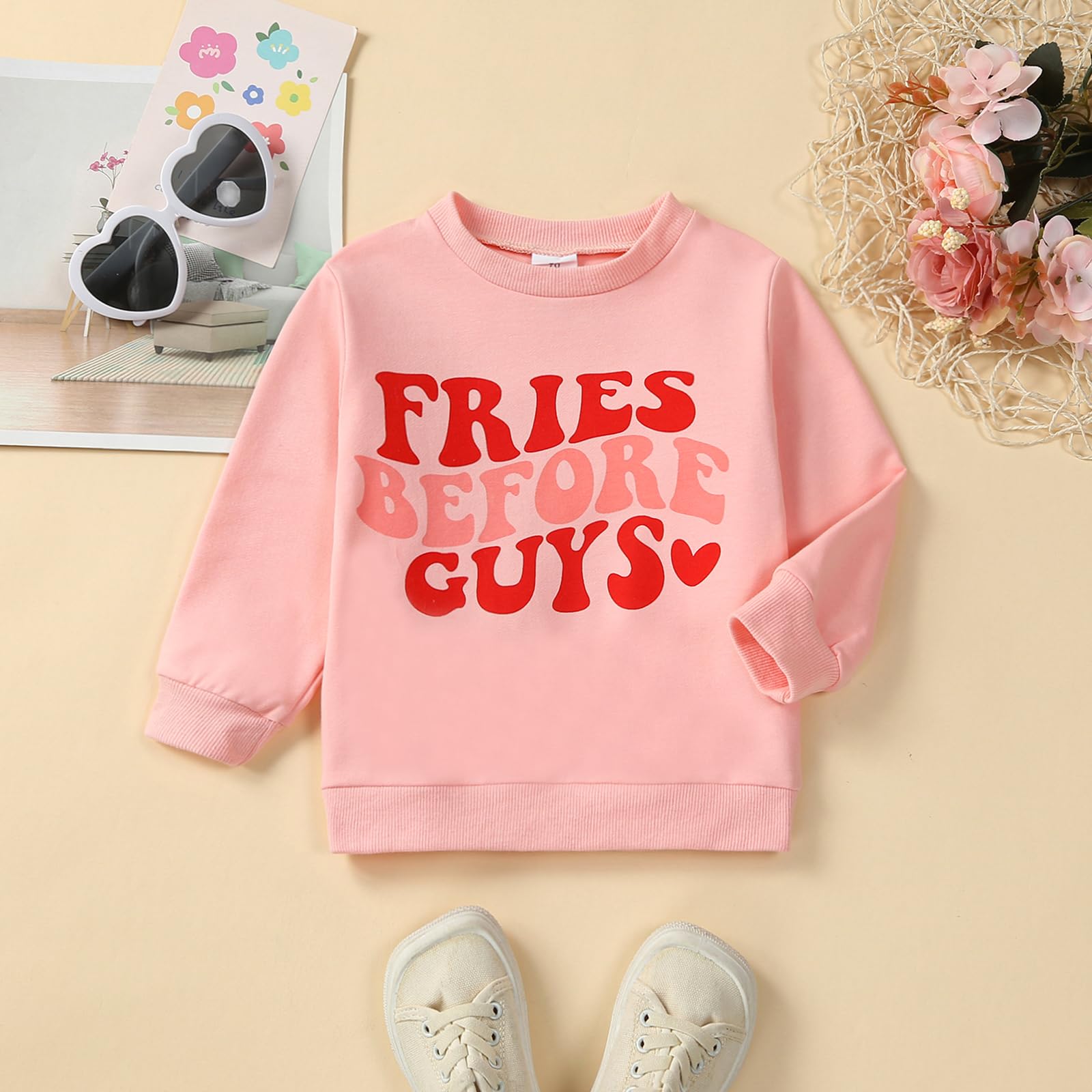 CHAUKAREAUL Toddler Baby Girl Boy Valentines Day Outfits Long Sleeve Letter Sweatshirt Pullover Sweater Spring Clothes (Pink-fires before guys, 2-3 Years)