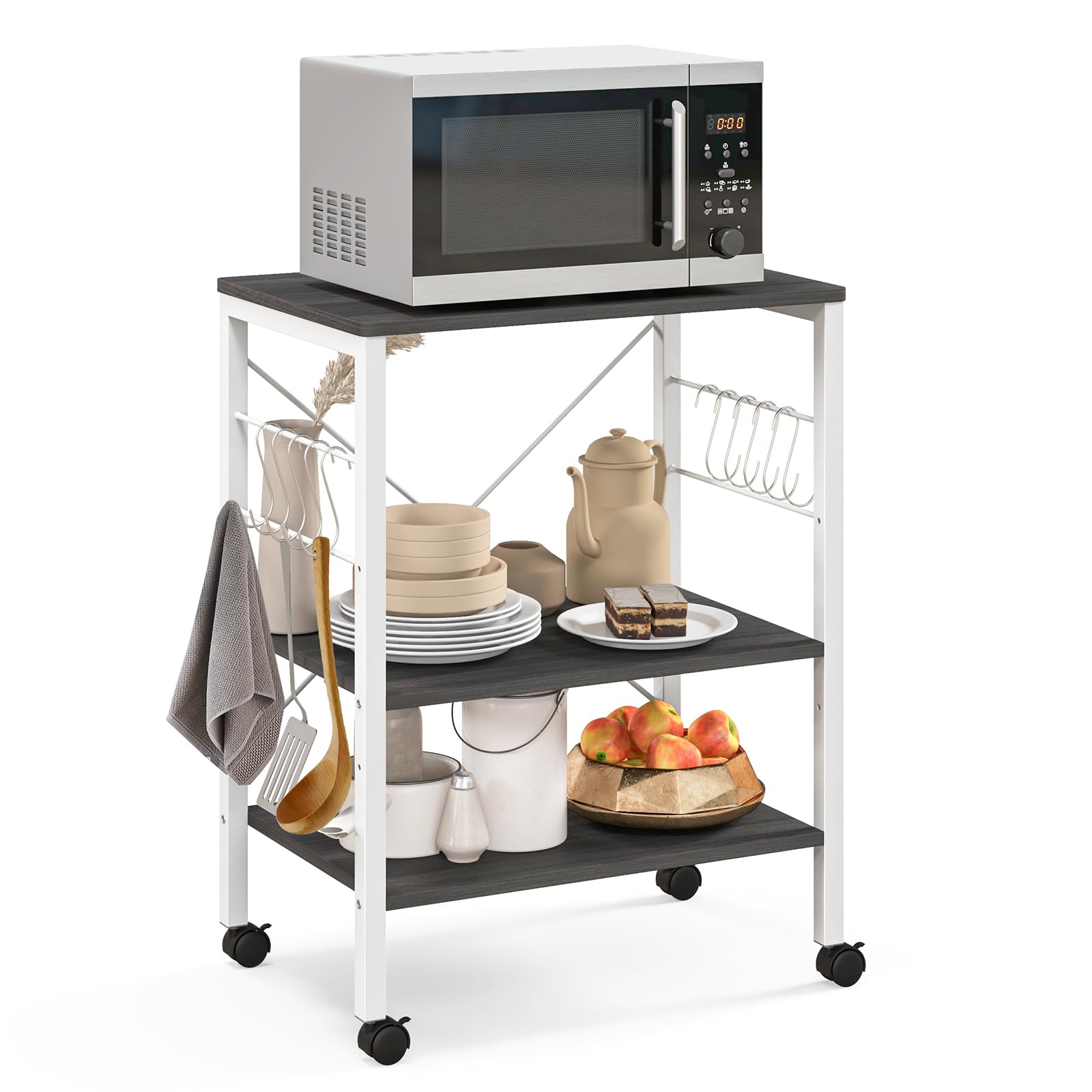 TANGZON3-Tier Kitchen Baker's Rack on Lockable Wheels, Metal Frame Rolling Kitchen Storage Cart with 5/10 S-Hooks, Utility Shelves Unit for Home Dining Living Room (2 Adjustable Shelves, Brown)