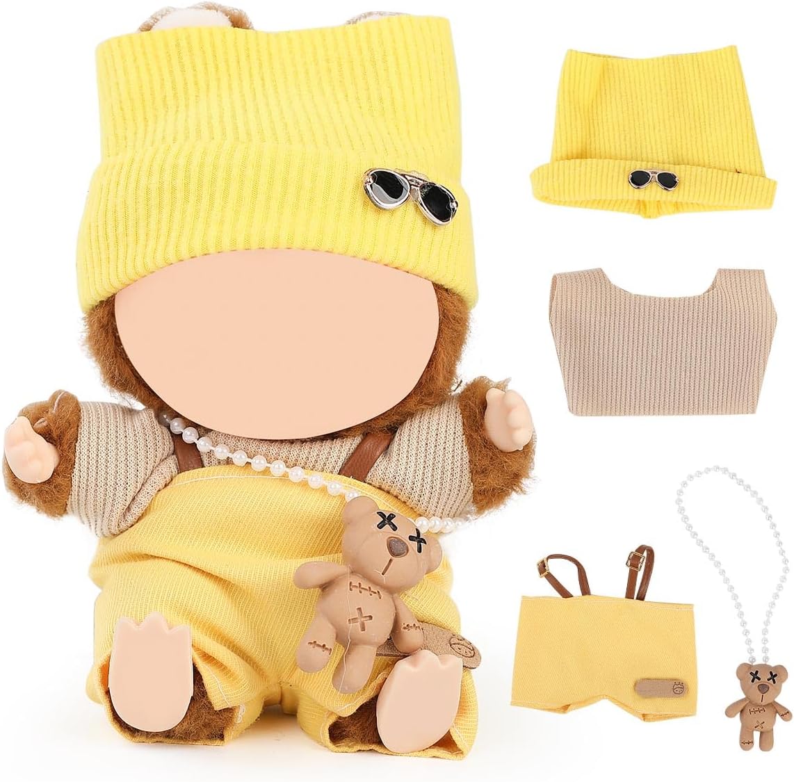 Doll Clothes for Labubu(NO Doll), for 17/15cm Plush Dolls, Clothing Suit Toy Figurine Outfit Set Dress Up with Kawaii Style Accessories, Multicolour Overall and Cute Hat or Headwear (LB105)