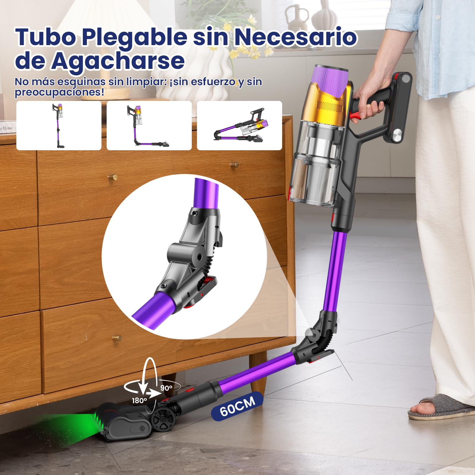 A12 Aspiradora sin Cable 50Kpa/600W/70Min, Aspirador Escoba con Depósito de Agua Extraíble, Tubo Plegable, Pantalla LED, Anti-Enredos, Batería Extraíble, para Alfombras y Mascotas (Morado Pálido)