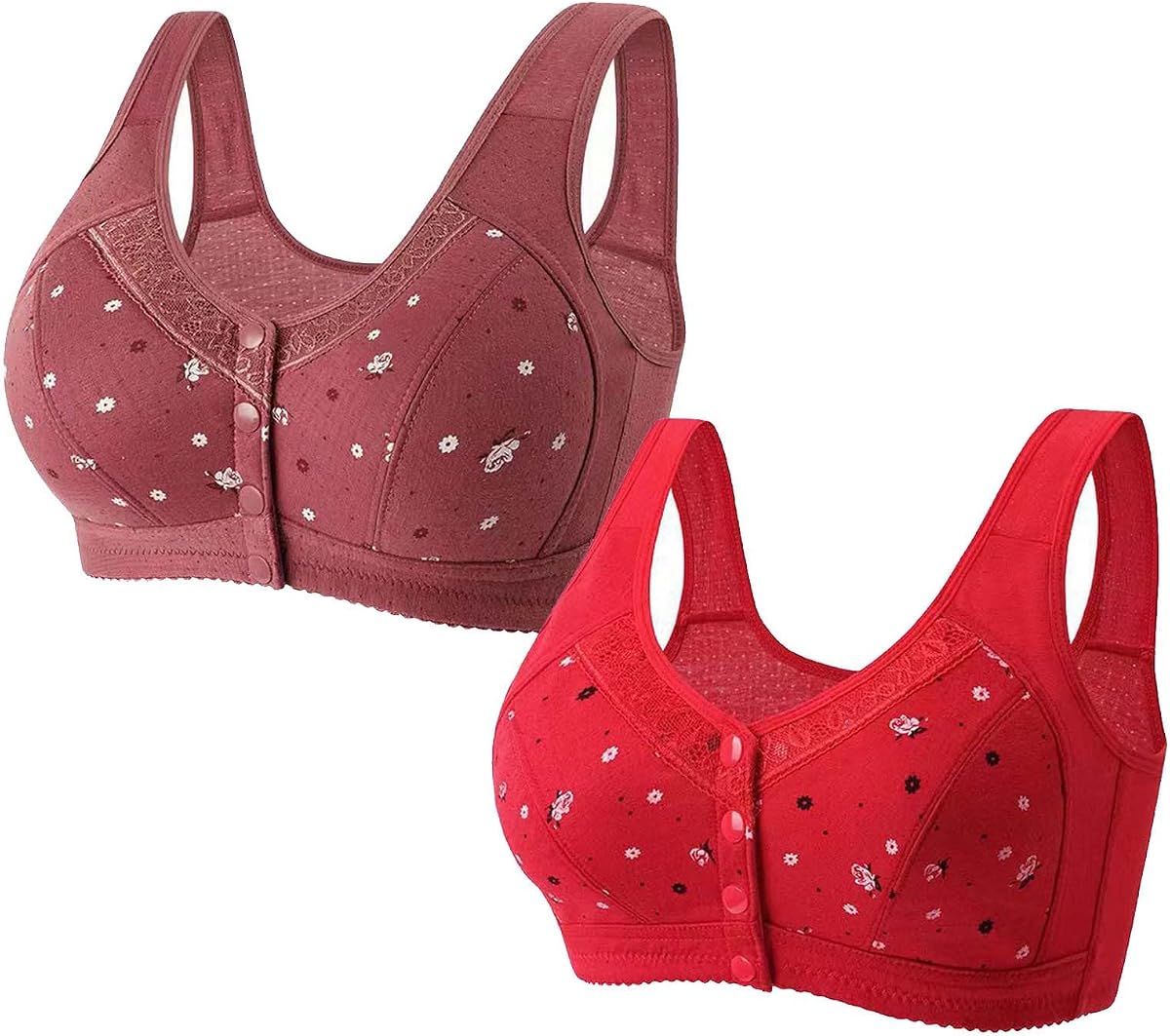Glamorette Snap Front Bra for Older Women Front Closure Wireless Bras Post Surgery No Underwire Push Up Daisy Bralette