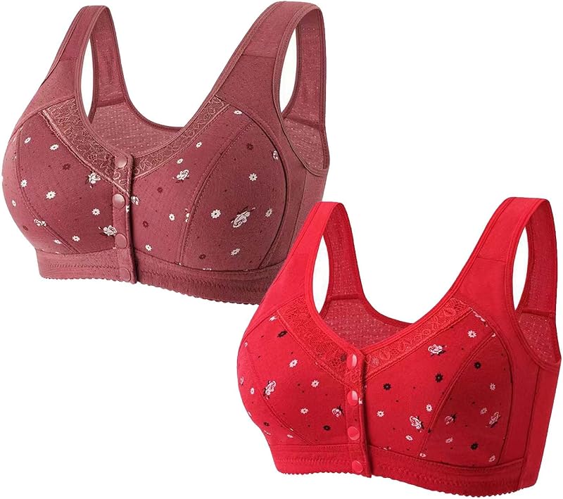 Glamorette Snap Front Bra for Older Women Front Closure Wireless Bras Post Surgery No Underwire Push Up Daisy Bralette