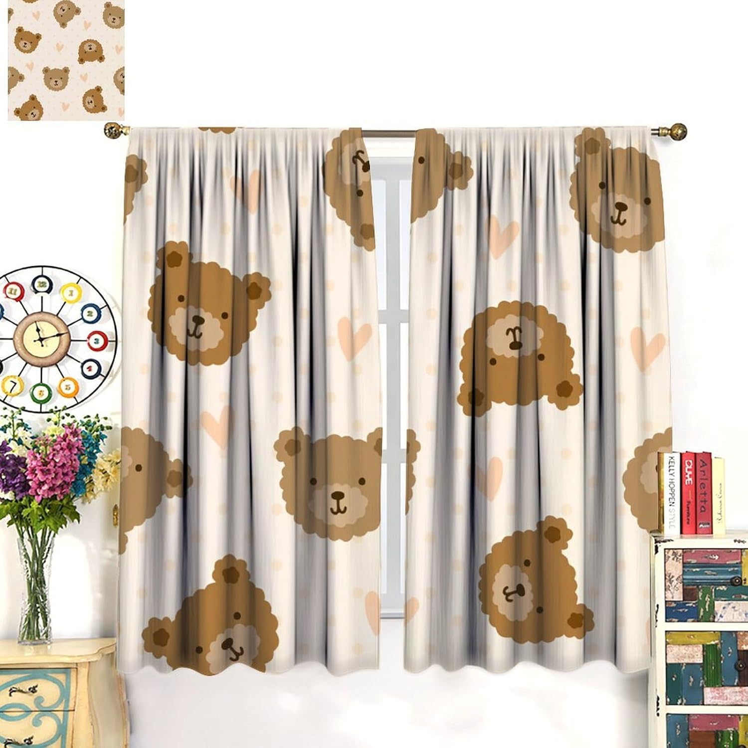 Brown Bear Curtains, Pastel Beige Polka Hearts Cartoon Cute Bears Print Rod Pocket Blackout Window Treatments Curtain for Baby Boys Bedroom Livingroom, 42" W X 45" L