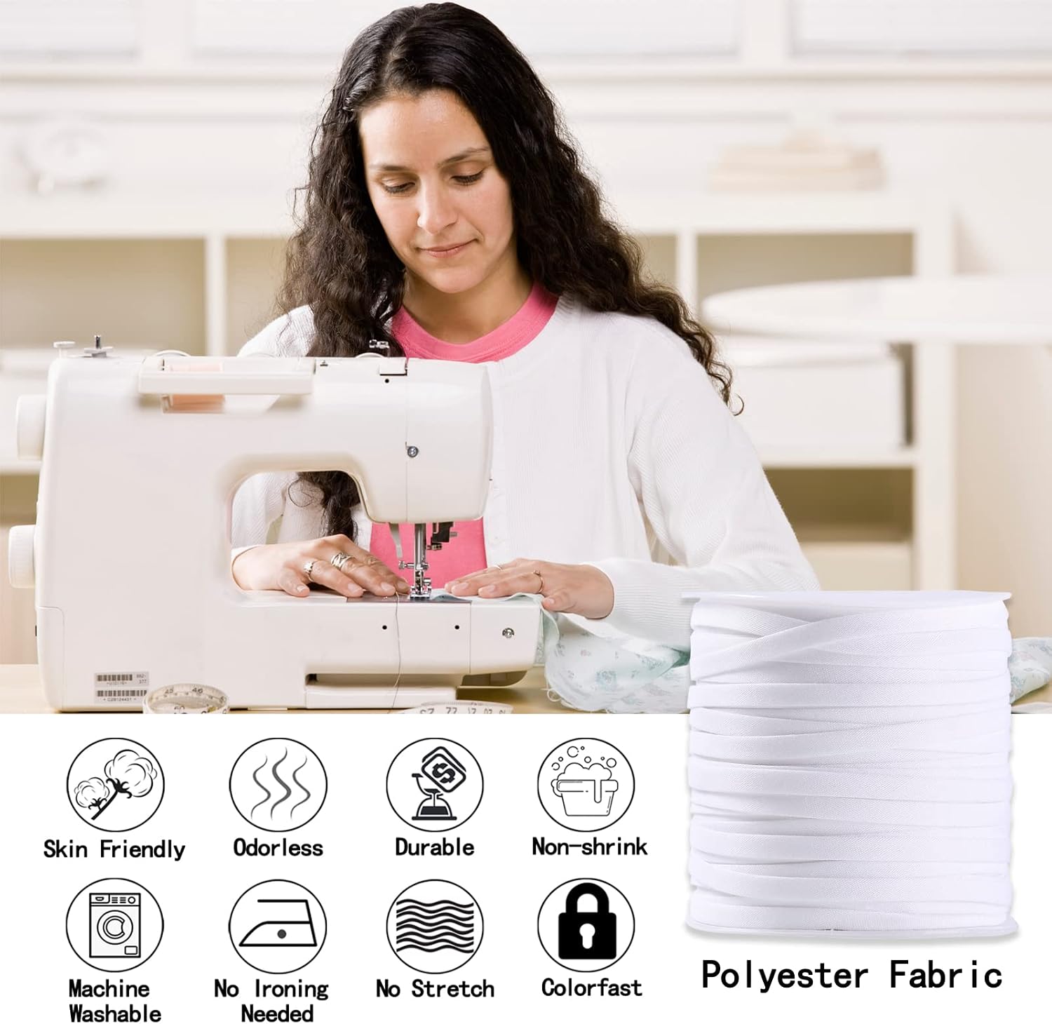 Bias Tape Double Fold 1/4 Inch, Double Fold Bias Binding Tape 55 Yards Per Roll for Crafts, Sewing, Seaming, Hemming, Piping, Quilting, Drawstring Making (White)