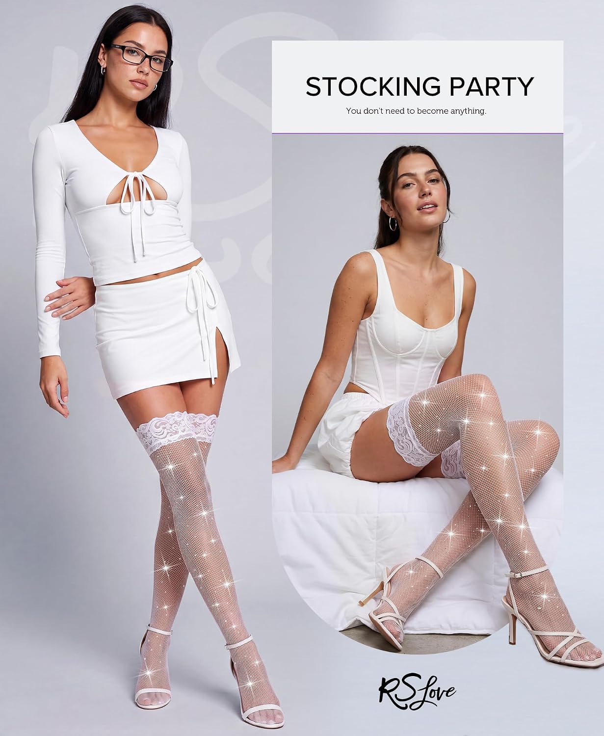 RSLOVE Women Sexy Thigh High Stocking Sparkly Rhinestone Fishnets Lace Top Silicone Socks