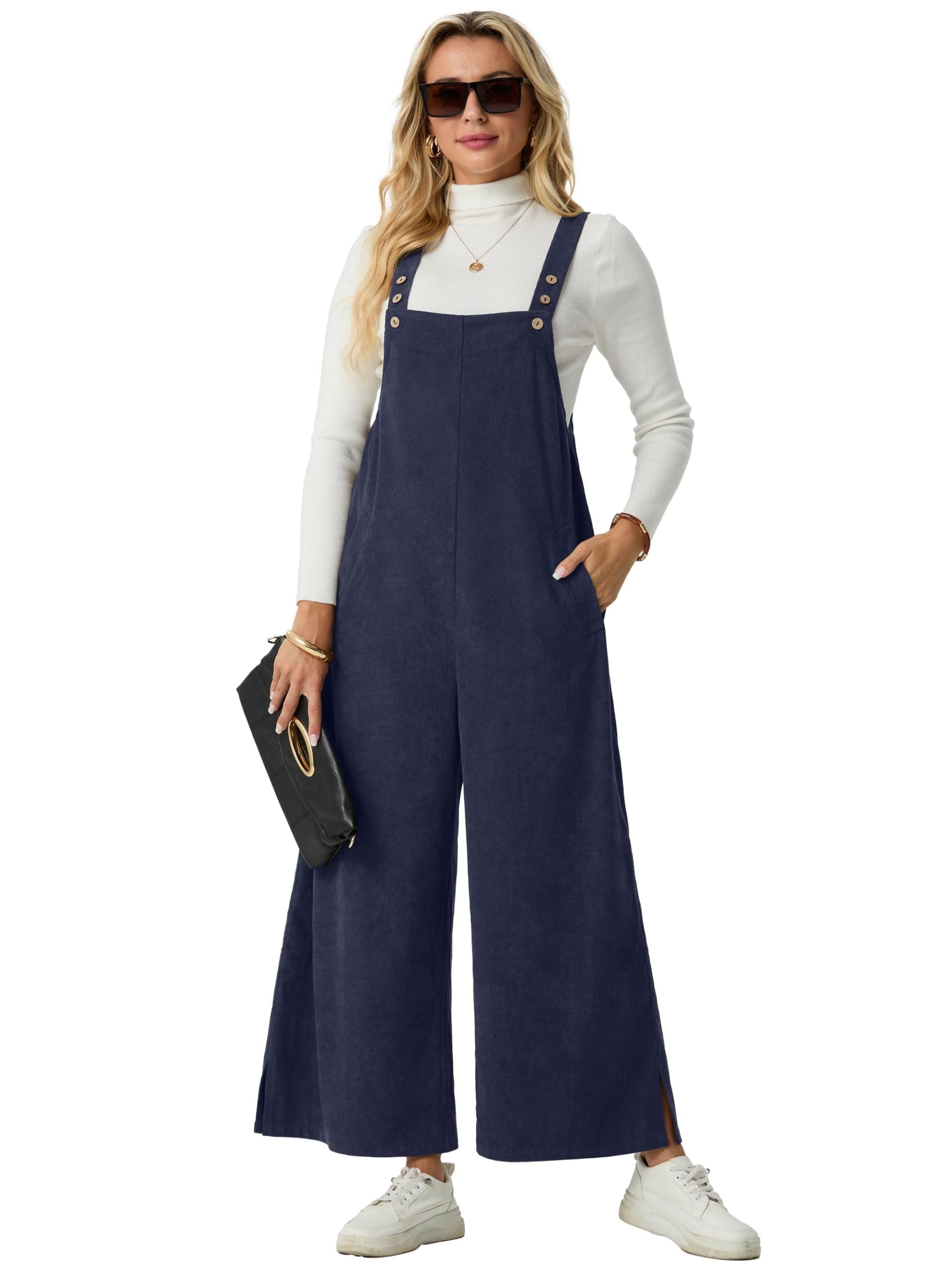 QIXING Salopette da donna in velluto a coste a gamba larga tuta casual con tasche UK