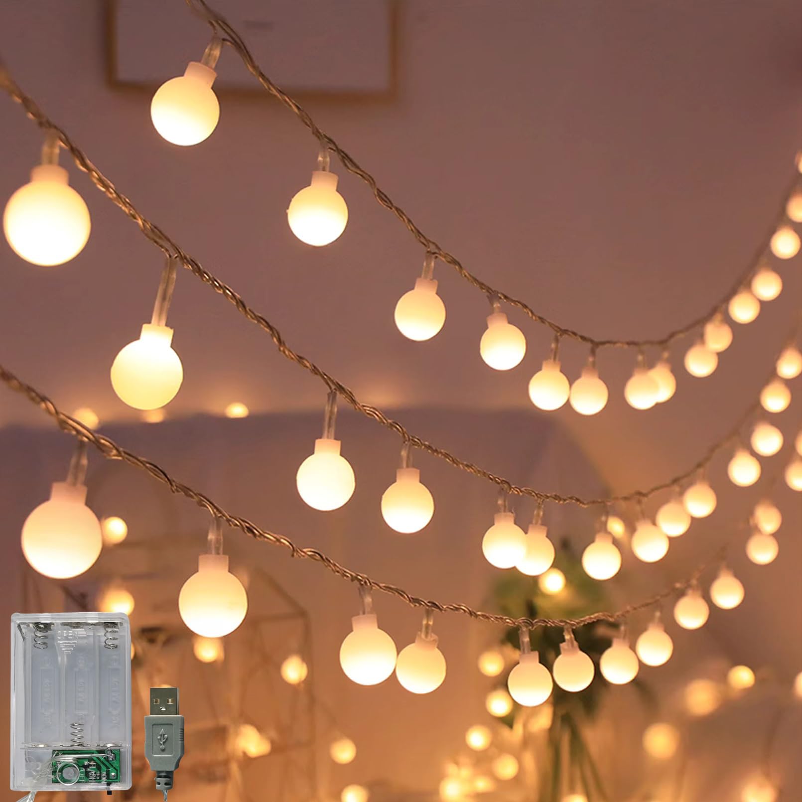 LOFTOLMEA Battery Operated & USB Powered 2 in 1 Globe String Lights, 32.8 FT 80 LEDs Fairy String Lights for Christmas Wedding Party Bedroom Indoor