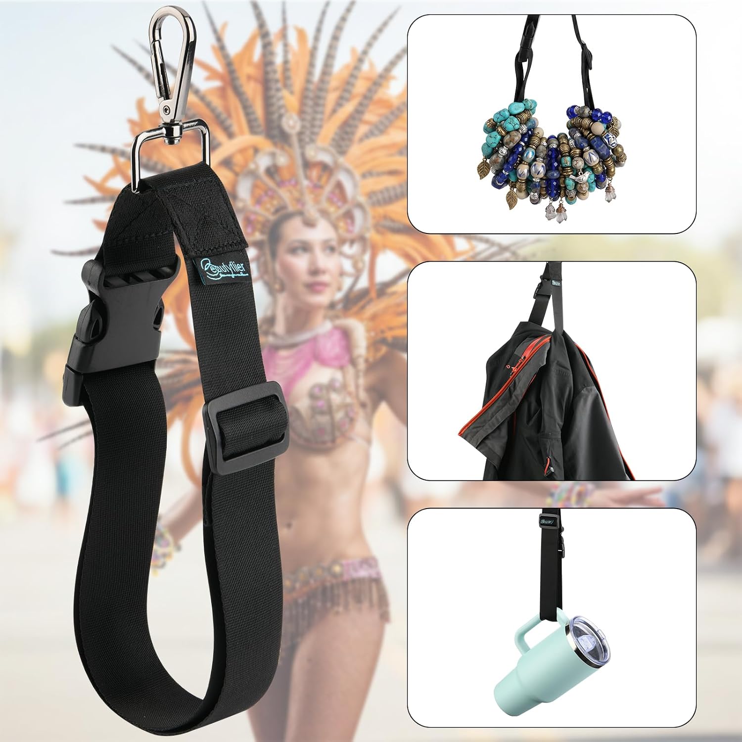 Beautyflier Kandi Bracelet Straps, Strap for Backpacks to Carry Bracelets at Festivals and Raves, Jacket Gripper Straps, Adjustable Suitcase Belts Travel Accessories (Black, 2pcs)