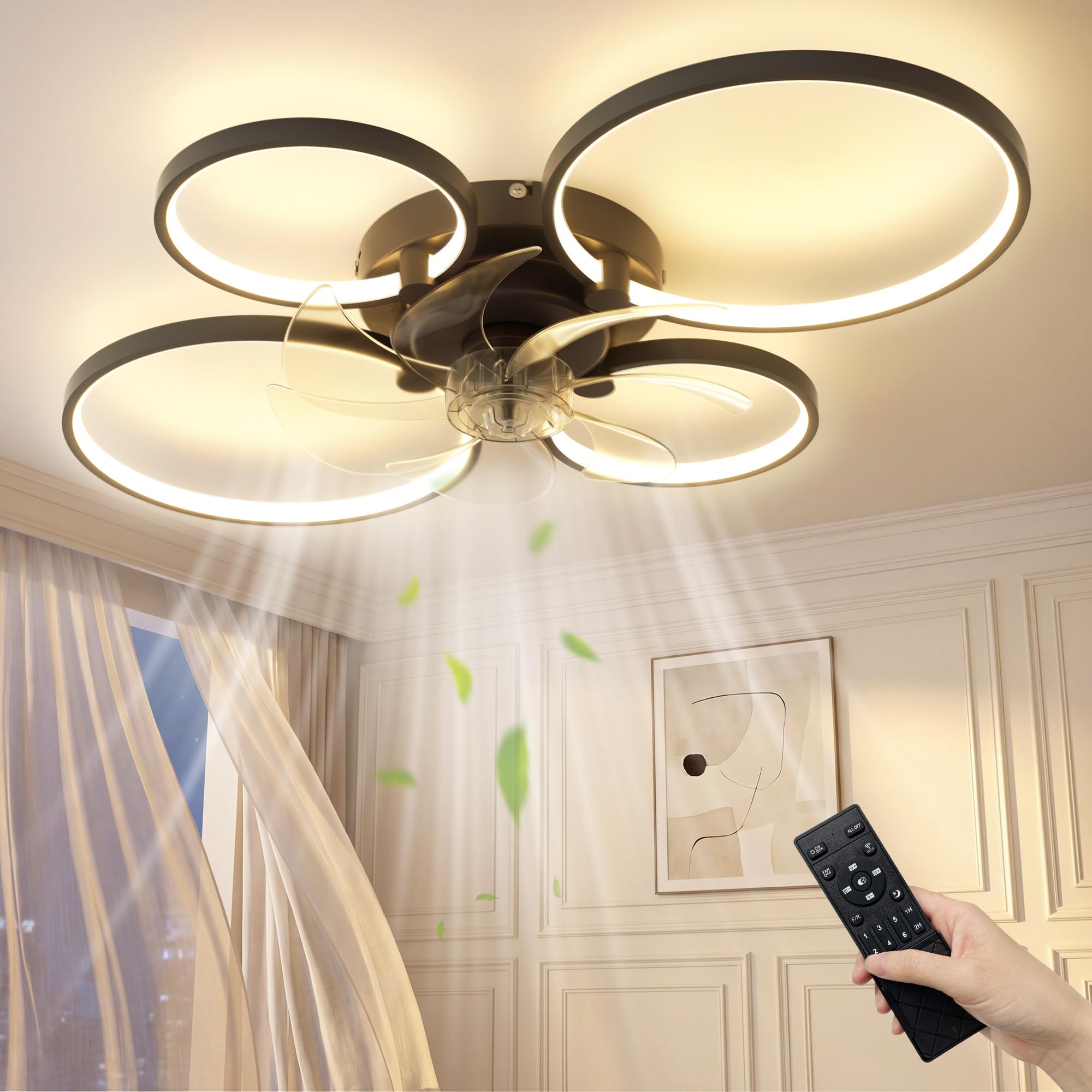 NIORSUN 78CM Deckenleuchte mit Ventilator, LED, dimmbar, Fernbedienung, App, 6-Gang, Timer, Schwarz