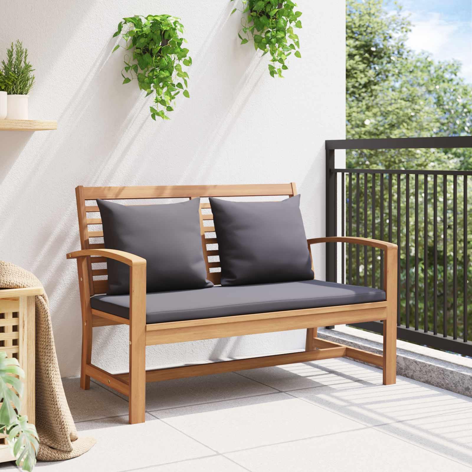 Set di mobili da giardino rettangolare in teak con imbottitura, 2 pezzi in legno massello teak per terrazza, panca da giardino e tovaglietta resistente alle intemperie