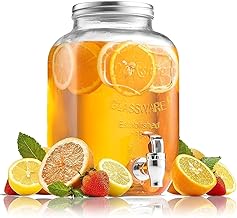 4 Litre Glass Water Dispenser with Tap – Airtight Juice Dispenser Jar – Detox Water Pitcher – Mason Jar Style Beverage Dispenser – Ideal for Home, Kitchen, Party, Restaurant Use