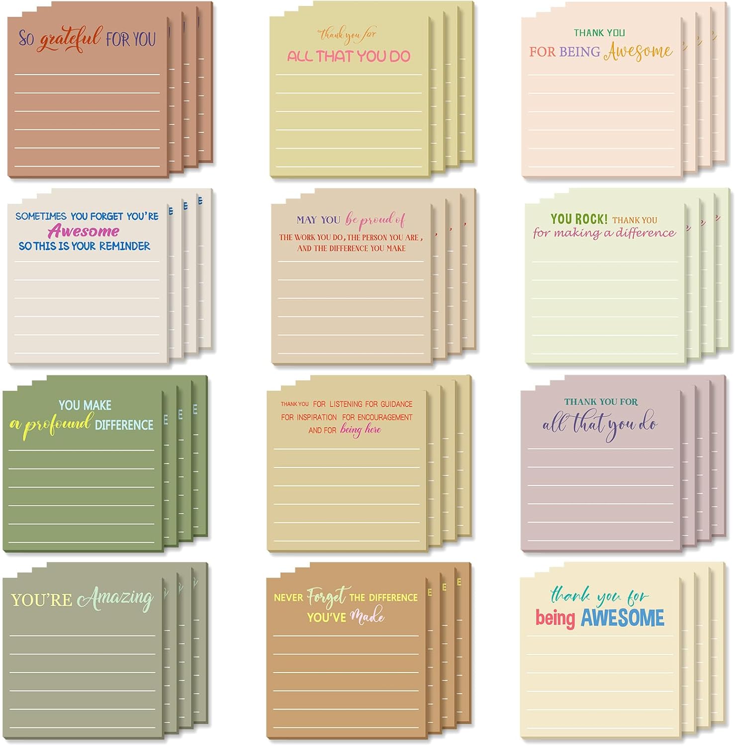Yinder 48 Pcs Inspirational Sticky Notes - Employee Appreciation Thank You Gifts Bulk, 3x3 Mini Pocket Notepads for Teacher Office Staff End of Year Motivational Supplies (Appreciation,Boho)