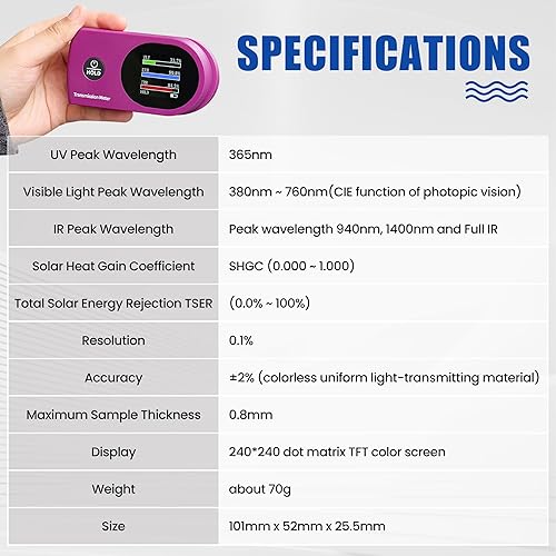 Vista 12 de Medidor digital de tinte para ventana, medidor de transmisión de película solar de 0.512 in de grosor, con calibración automática, medidor