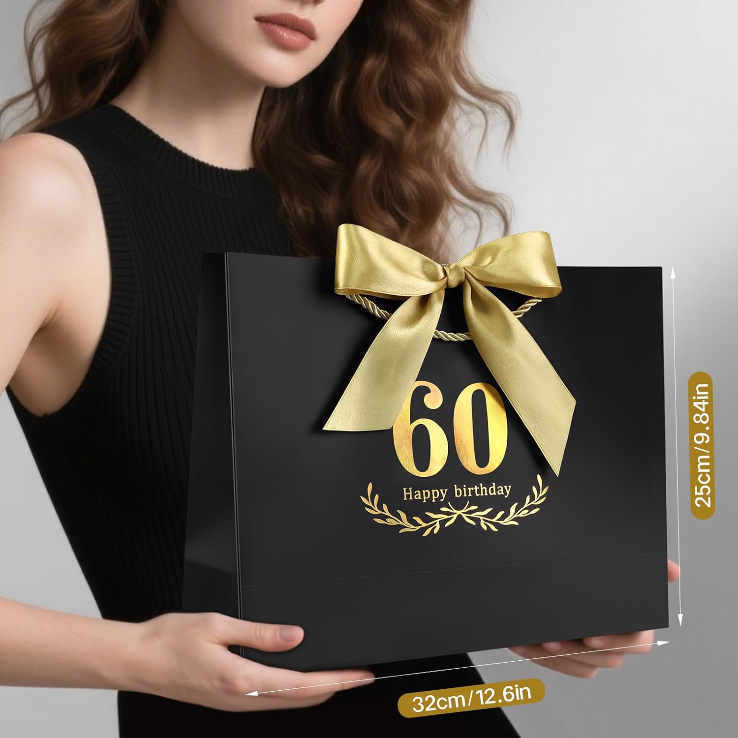 JMANNI Black Gold 60th Birthday Gift Bag with Card and Tissue Paper, 12.6"×9.84"×3.9" Elegant Present Bag for Men Women, 60 Year Old Birthday Keepsake Party Supplies image 3