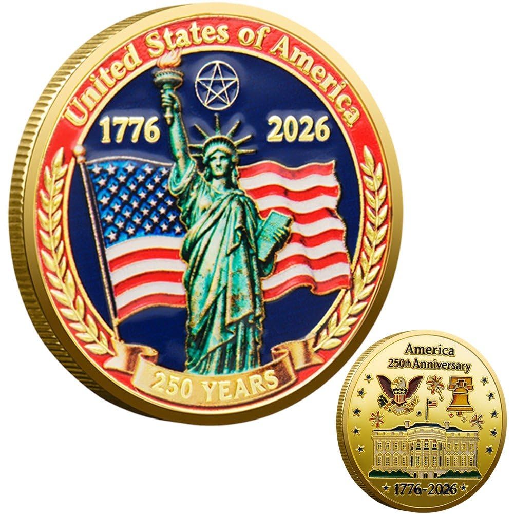 Fituenly Double-sided Relief 250th Anniversary Commemorative Coin 1776-2026,Gold Plated American Independence Challenge Coin for Veterans & History Collectors