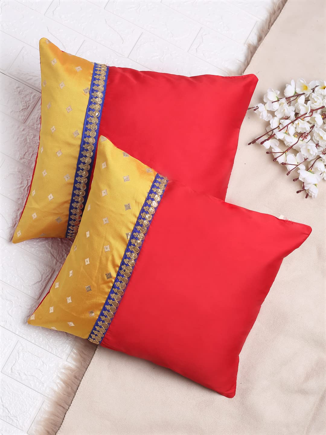 Saka Designs Set of 2 Red and Yellow Gold Print Cushion Cover - Sqaure