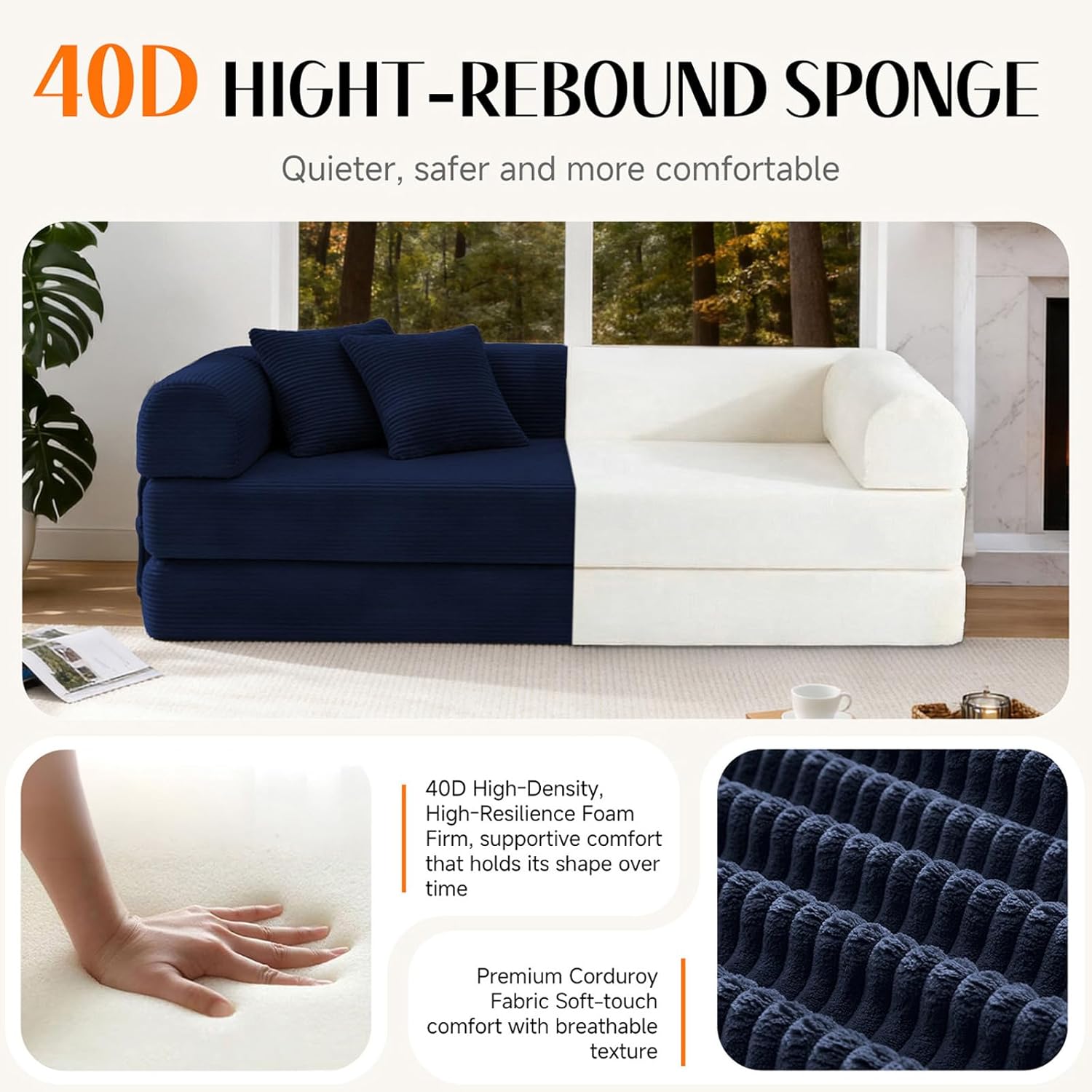 79'' Convertible Sofa Bed, Boneless Couch-in-a-Box, Corduroy Floor Futon Loveseat Sleeper, 26'' Deep Seat, Removable Machine-Wash Covers, Side Pockets, No Assembly, 2 Pillows, Navy Blue