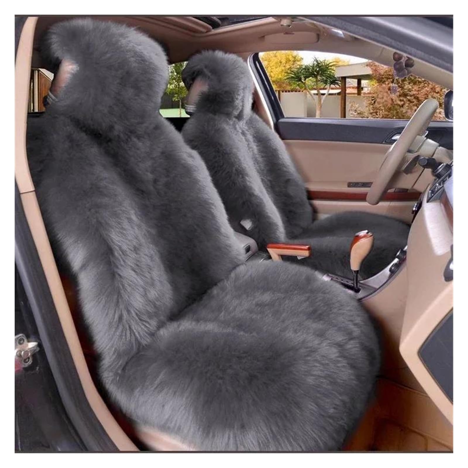 DZSYBUIGB Car Seat Covers - Warm Plush Universal Long Wool Fur Front Seat Protect Cushion Mat - Dark Grey