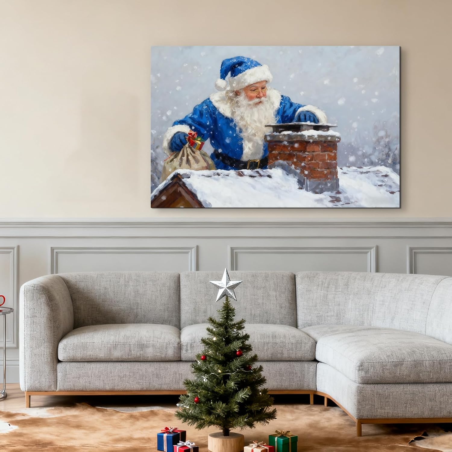 Blue Santa Framed Christmas Canvas Wall Art for Living Room, Chimney Snowy Roof Winter Pictures, Festive Holiday Wall Decor, 12x16 Poster Artwork for Bedroom Home Decorations