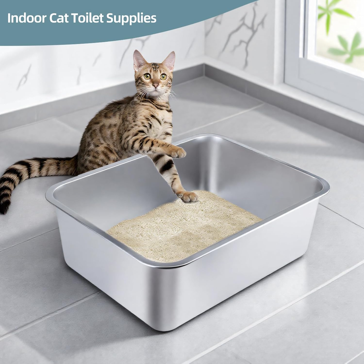 Stainless Steel Cat Litter Box - Large Metal High-Sided Pan for Cats, Pets, Non-Stick, Odor-Free, Easy to Clean, Splash-Proof, Durable (23.6 L x 15.8 W x 6 H)