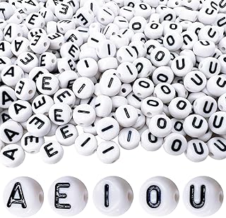 MIIIM 1000pcs Vowel Pony Letter Beads for Keychains Making (A, E, I, O, U), 4x7mm Round Letter Beads for Bracelets Making, Alphabets, Numbers (White and Black)