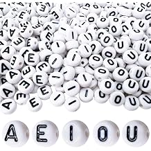 MIIIM 1000pcs Vowel Pony Letter Beads for Keychains Making A, E, I, O, U, 4x7mm Round Letter Beads for Bracelets Making, Alphabets, Numbers White and Black