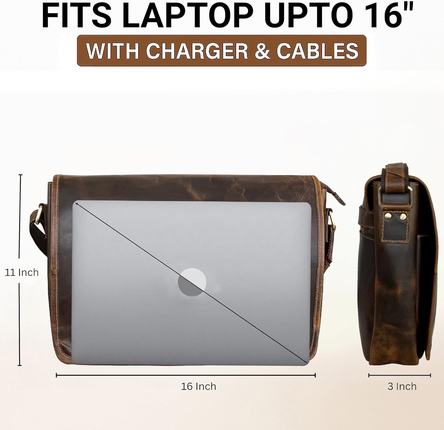 Leather Messenger Bag for Men 16" Full Grain Leather Laptop Bag Vintage Crossbody Office Satchel Travel Shoulder Bag - Image 4