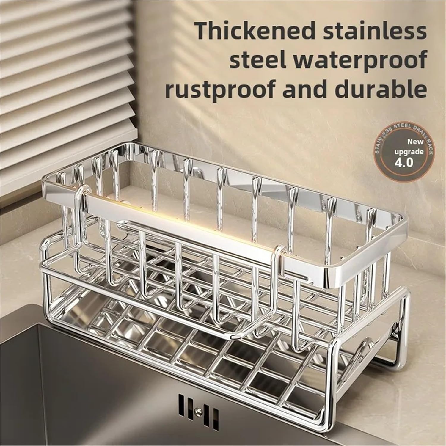 Stainless Steel Kitchen Sink Organizer | Faucet Caddy with Self-Draining Sponge Holder, Towel Rack & Compact Storage Solution(Stainless Steel B)