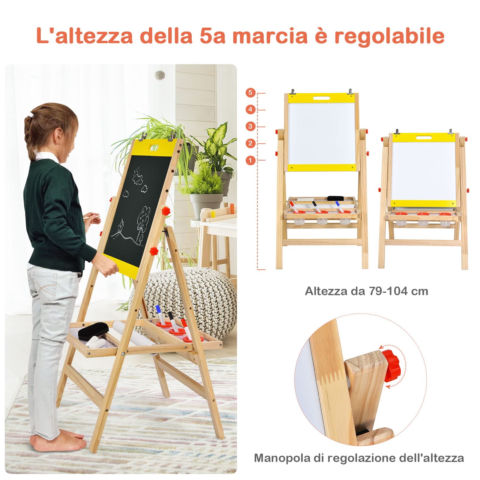 COSTWAY 3 in 1 Lavagna Magnetica per Bambini, Cavalletto da Pittura Pieghevole con Accessori, Altezza Regolabile e Bifacciale, con Vassoio, 50,5x53,5x79-104cm (Giallo)