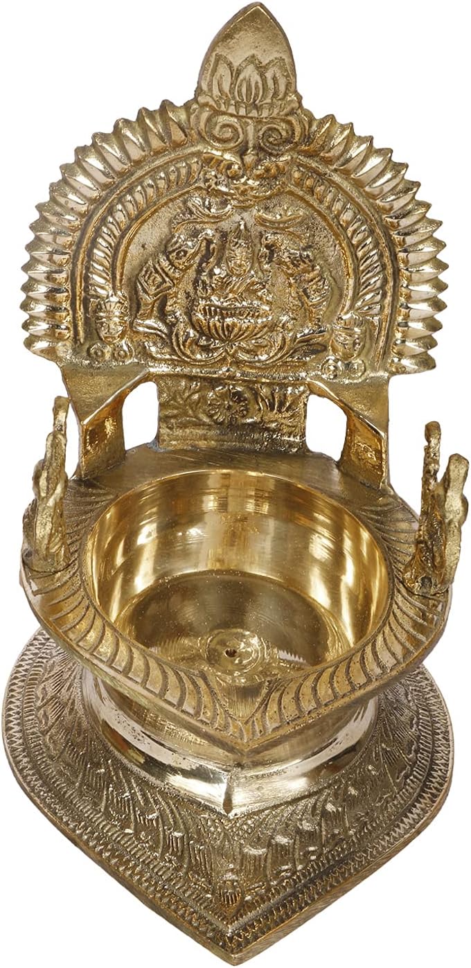 Kartique Brass Goddess Maa Laxmi Gajalakshmi Gaj Lakshmi Oil Diya with Large Container Deepam for Home Decor Pooja Decorative Deepak Diwali Puja Wedding Gift Mandir Temple Gold Color Height 7 Inch