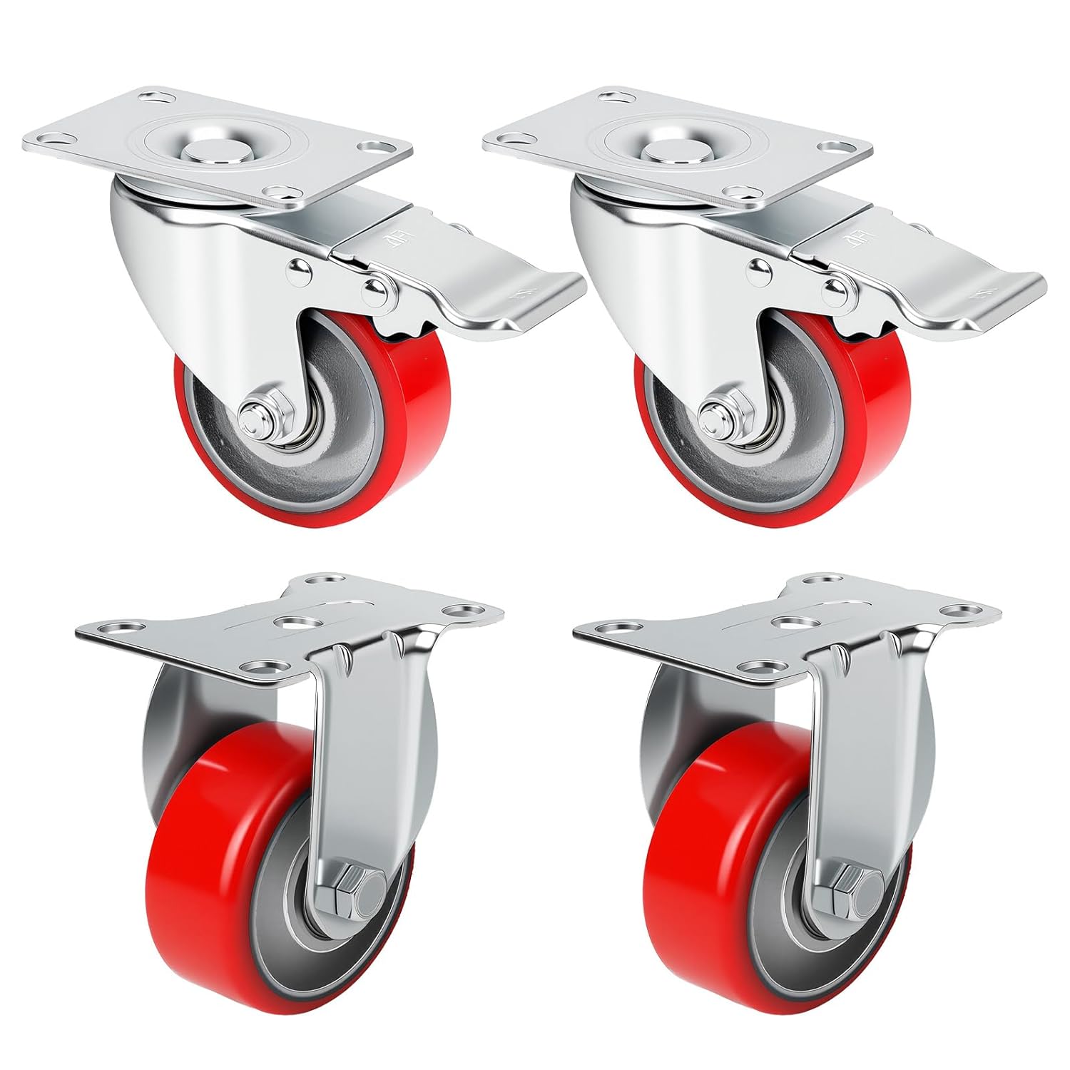 JUCACE 3 Inch Heavy Duty Caster Wheels Set of 4, 1400 Lbs Capacity, Swivel with Dual Brake & Rigid, Polyurethane Steel for Toolboxes & Trolleys