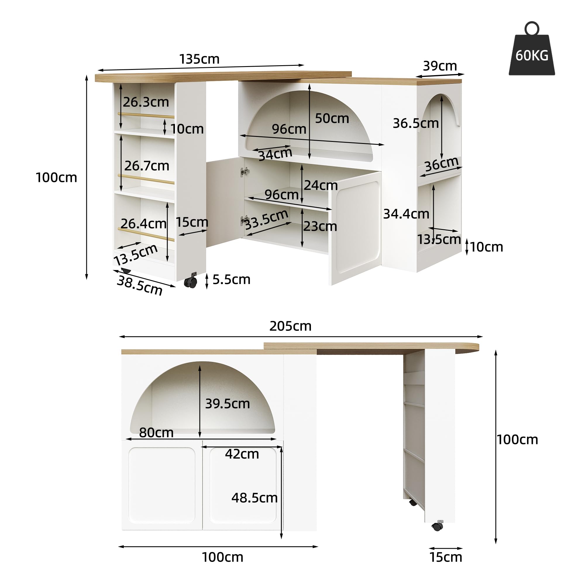 Tavolo bar bianco 135-205 cm penisola cucina estensibile telescopica luci LED musica porta USB ruote bloccabili porte arco ammortizzate mdf solido carico 60kg per salotto sala da pranzo ufficio